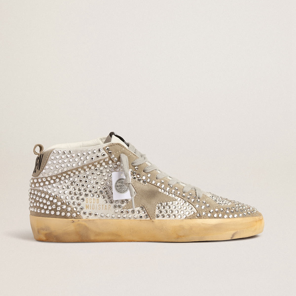 Golden Goose Mid Star Sneaker in Weiß und Taubengrau mit Swarovski-Kristallen: Einzigartiger Stil trifft auf Qualität